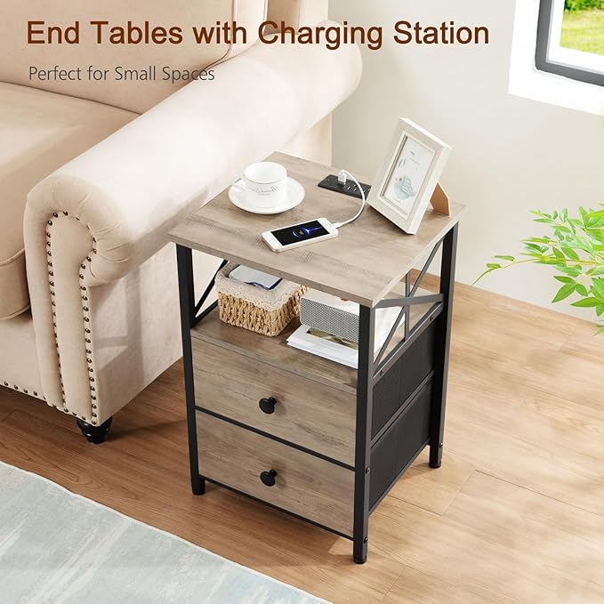 AMHANCIBLE Night Stand Set 2, Nightstand with Charging Station, End Tables Living Room with USB Ports and Outlets, Bedside Tables with Fabric Drawers for Bedroom, Greige HET05XGY