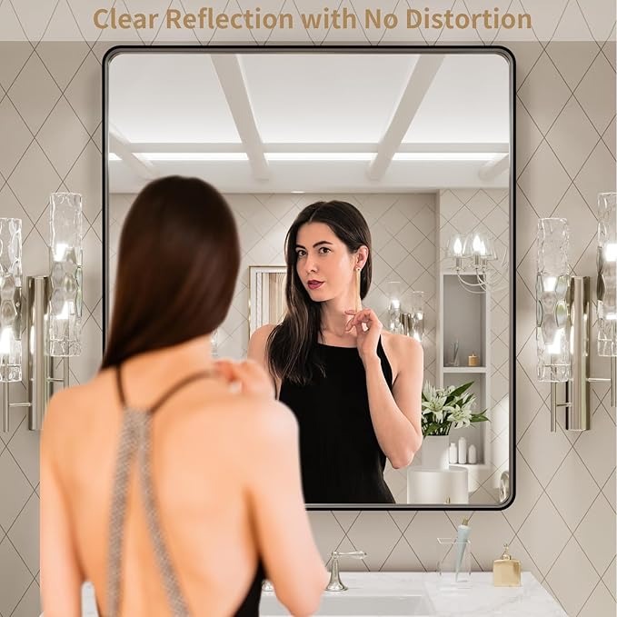 LOAAO 32x36 Inch Black Metal Framed Bathroom Mirror for Wall, Matte Black Bathroom Vanity Mirror Farmhouse, Large Rounded Rectangle Mirror, Anti-Rust, Tempered Glass, Hangs Horizontally or Vertically
