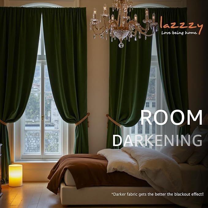 Lazzzy Velvet Blackout Curtains Thermal Insulated Room Window Drapes Super Soft Luxury Curtains for Living Room Bedroom Rod Pocket 2 Panels, Moss, 52" W x 96" L