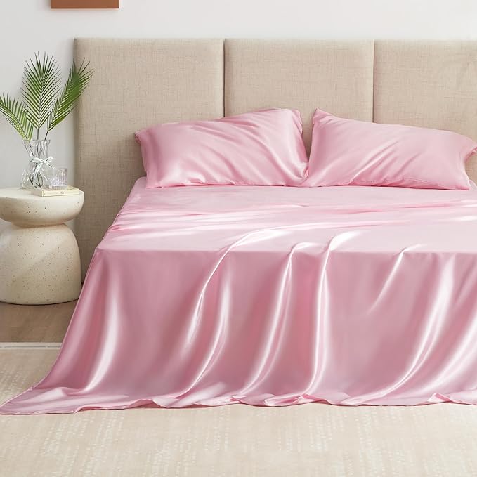 Love's cabin 4Piece California King Satin Bed Linen Set, Pink Silky Satin Sheets, Deep Pocket, Luxury Silk Feel, 1 Flat, 1 Fitted Sheet, 2 Pillow Cases