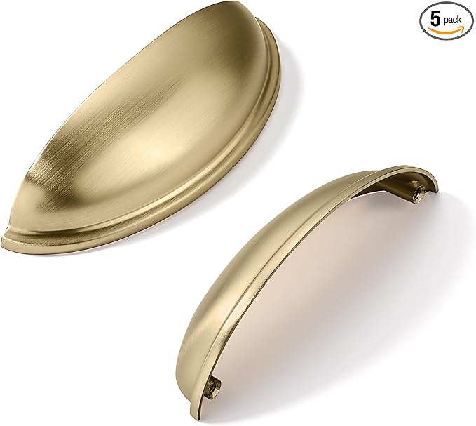 khtumeware 5 Pack 3-3/4" Gold Drawer Pulls Brushed Brass Cabinet Cup Pulls Kitchen Hardware Cabinet Handles Drawer Handles Knobs 3-3/4 inch Hole Center