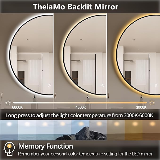 36" Round LED Bathroom Mirror, Wall Mounted Backlit Vanity Mirror with 45° Beveled Frame Lighted Mirror for Bedroom, Fog Free 3-Color Dimmable Lights Memory Function, Black