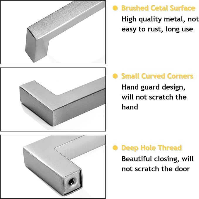 Cabinet Pulls Brushed Nickel Cabinet Handles Square Drawer Pulls, 50 Pack 6-1/4 Inch Stainless Steel Kitchen Door Cupboard Cabinet Handles, Cabinet Hardware Drawer Handles, 160mm Hole Centers