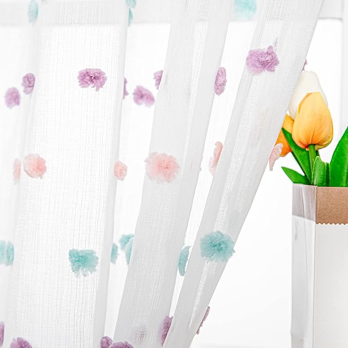 MYSKY HOME Pom Pom Curtains for Girls Bedroom Rainbow Nursery Curains for Boys Kids Room Colorful White Sheer Curtains for Living Room Playroom Rod Pocket Window 52" x 63" Set of 2