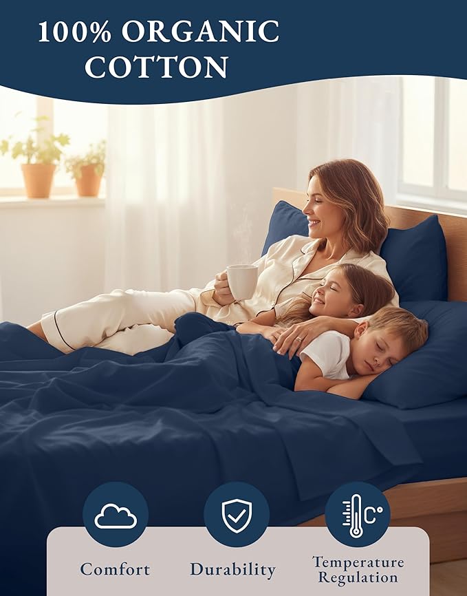 LANE LINEN Eco Friendly 100% Organic Cotton Bed Sheets Queen Size, Soft & Comfy Percale Weave, Fully Elasticized Mercerized Naturally Cooling Cotton Sheets Queen Size Set- Navy