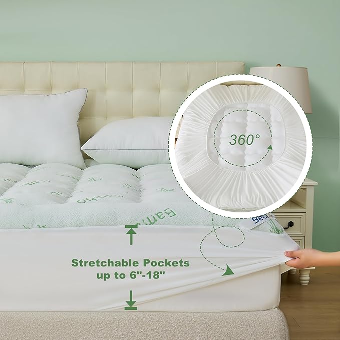 BEDLORE Queen Mattress Topper Viscose Derived from Bamboo, Thick Pillow Top Mattress Pad with Stretchable Pockets for 6-18 inches Mattress, Soft Mattress Topper for Back Pain Relief