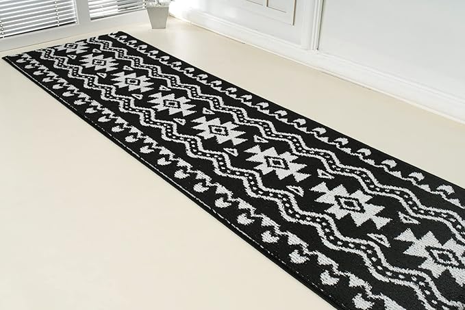 Custom Length Cut to Size Tribal Ethnic Southwestern Inspired Hallway Runner Rug, Non Slip Rubber Backed, 31 inch Wide X Customized Length, Aztec Black, 31 inch X 22 feet