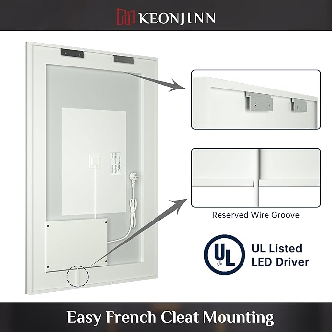 Keonjinn LED Bathroom Mirror with Lights 60 x 36 Inch, Large LED Vanity Mirror for Bathroom, HD Tempered Glass, UL Listed LED Driver, Easy to Install, Anti-Fog, Memory Dimmable 6000K, Frontlit Only