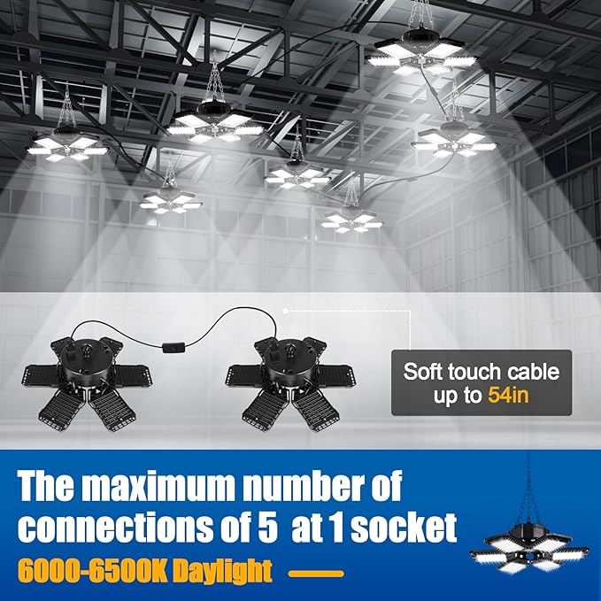 LED Garage Lights 4 Pack -180W, 18000LM 6500K Led Shop Light with 6+1 Deformable Panels, Basement Barn Light Garage Ceiling Lights, E26/E27 for Garage, Warehouse, Shop, Basement