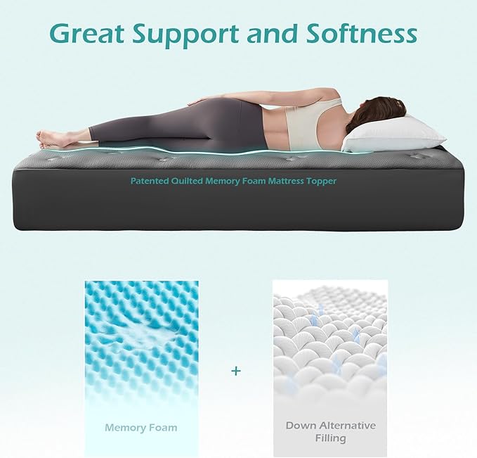 Hansleep College Dorm Twin XL Mattress Topper Viscose Derived from Bamboo, Memory Foam Pillow Top Mattress Topper Twin XL, Breathable Mattress Pad for Back Pain Relief, 39" x 80", Charcoal Grey