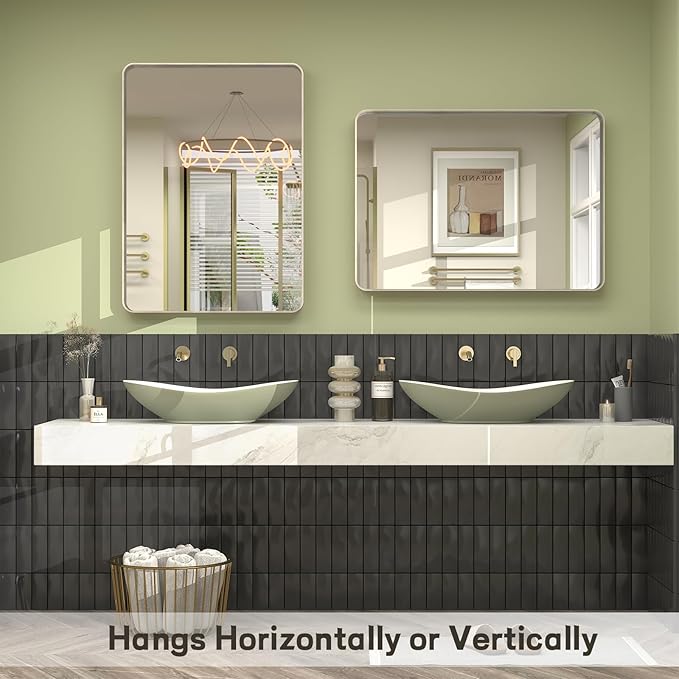 22x30 Inch Brushed Nickel Bathroom Mirror, Brushed Silver Metal Framed Wall Mirror, Rounded Corner Rectangle Modern Vanity Mirror, Tempered Glass, Anti-Rust, Shatterproof (Horizontal/Vertical)