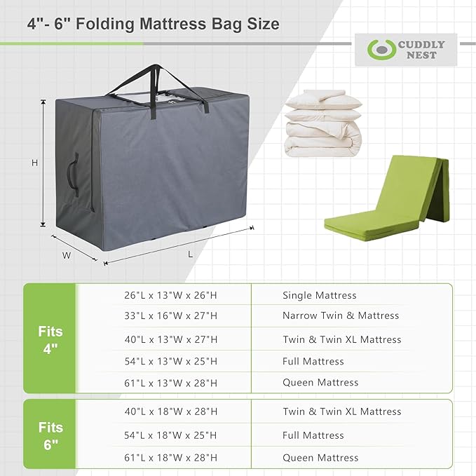 Cuddly Nest Folding Mattress Storage Bag - Heavy Duty Carry Case for Tri-Fold Guest Bed (Fits 4" Twin & Twin XL, Grey)