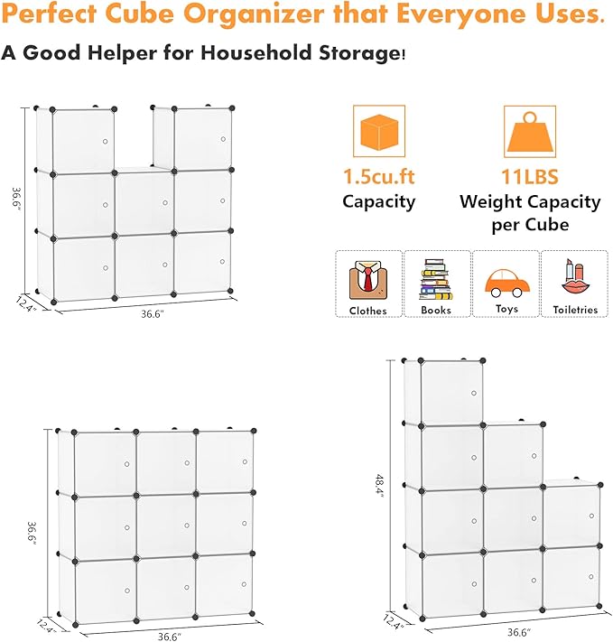 C&AHOME Cube Storage Organizer with Doors, 9-Cube Shelves, Closet Cabinet, DIY Plastic Modular Bookshelf Ideal for Bedroom, Living Room, 36.6”L x 12.4”W x 36.6”H White USBTM3009B-DOOR