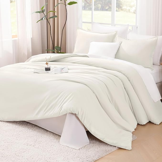 Litanika Oversized King Comforters Ivory Super King Plus Size, 3 Pieces Lightweight Solid Bedding Comforter Set, All Season Fluffy Bed Set (128x120In Comforter & 2 Pillowcases)