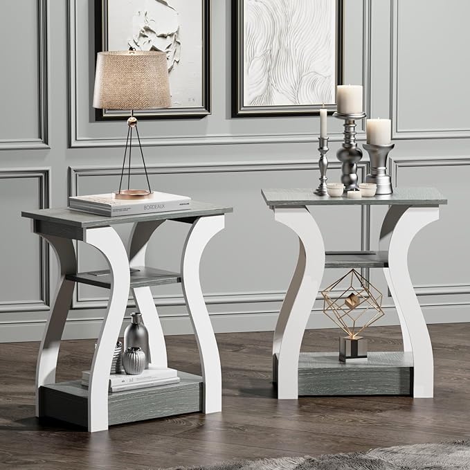 End Tables Living Room Set of 2,Grey End Table with Charging Station,Grey Side Table, Nightstand for Bedroom, 3 Tier End Table with Storage Shelf for Living Room