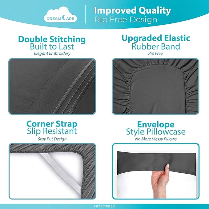 DREAMCARE King Size Sheets Set – 6 pcs Cooling Bed Sheets – up to 15” Deep Pocket King Sheet Set – 2500 Supreme Collection – Extra Soft 100% Brushed Microfiber Hotel Luxury with Side Pocket – D Gray