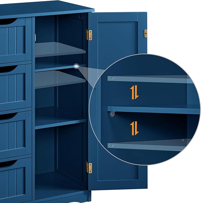 Yaheetech Wooden Bathroom Floor Cabinet, Side Storage Organizer Cabinet with 4 Drawers and 1 Cupboard, Freestanding Entryway Storage Unit Console Table, Bathroom Furniture Home Decor, Navy Blue