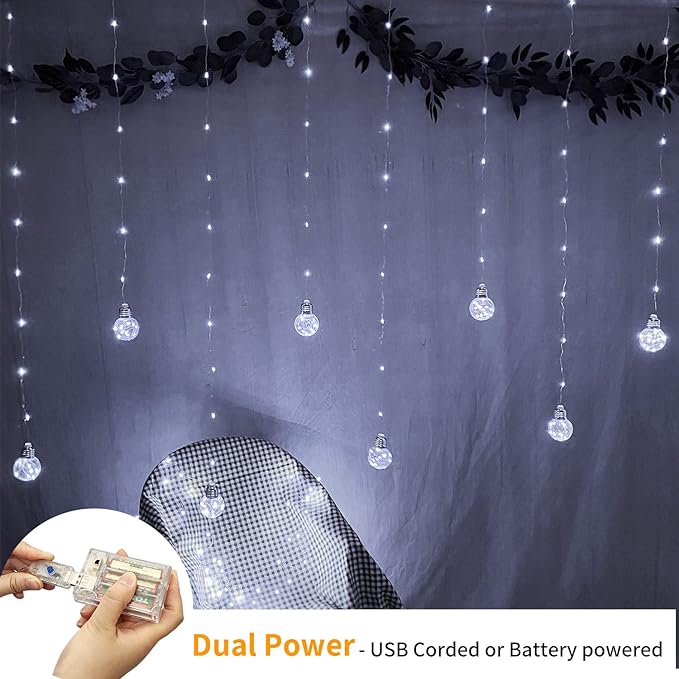 YOLIGHT Wishing Ball Curtain Lights 200 LED Window Curtain String Lights with Remote, USB Battery Powered Twinkle Globe Fairy Lights for Wedding Party Bedroom Halloween Christmas Decoration (White)
