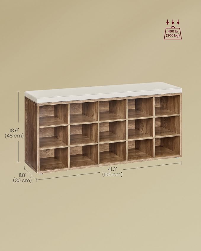 VASAGLE CUSTOS Collection - Shoe Bench, Storage Bench with Padded Seat, Entryway Bench with 15 Compartments, for Bedroom, 11.8 x 41.3 x 18.9 Inches, Honey Brown and Cappuccino Beige ULHS015K02