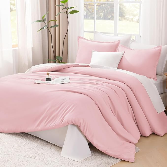 Litanika Comforters Pink Oversized King Size, 3 Pieces Lightweight Solid Bedding Set & Collections, All Season Fluffy Bed Set (120x98In Comforter & 2 Pillowcases)