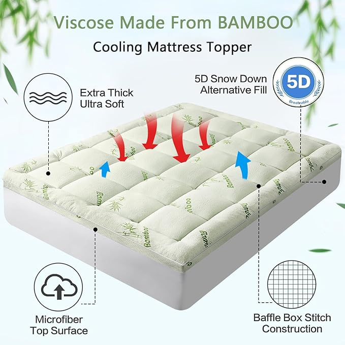 Premium Viscose Made from Bamboo Short Queen RV Size Mattress Topper for Back Pain, Quilted Fitted Extra Thick Mattress Pad,Pillow Top Mattress Cover with Deep Pocket Up to 21 Inches（60 * 75inch）