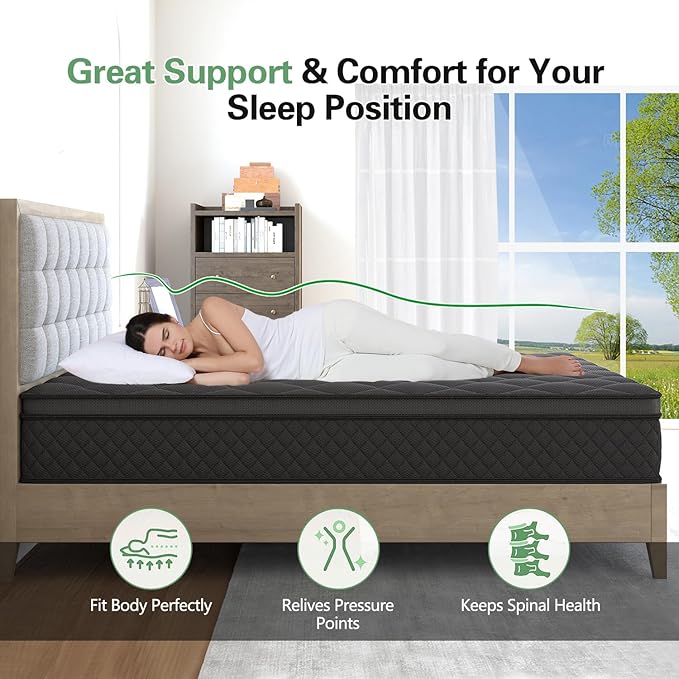 Twin Mattress 14 Inch, Medium Firm Hybrid Mattresses Euro Top for Back & Lumbar Support,Individual Pocket Spring Bed for Motion Isolation & Pressure Relief