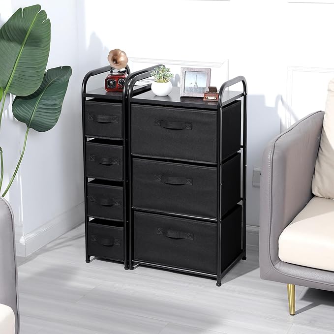 MAX Houser 4 Drawer Narrow Dresser Fabric Storage Tower Vertical Slim Storage Chest Organizer Nightstand Side/End Table Small Standing Organizer Removable Drawers Wood Top for Bedroom, Bathroom（Black)