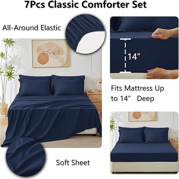 CozyLux Full Size Comforter Sets Navy Blue - 7 Pieces Bed in a Bag Full, Luxury Soft Bed Set for All Seasons, Bedding Set with Down Alternative Comforter, Sheets, Pillowcases & Shams