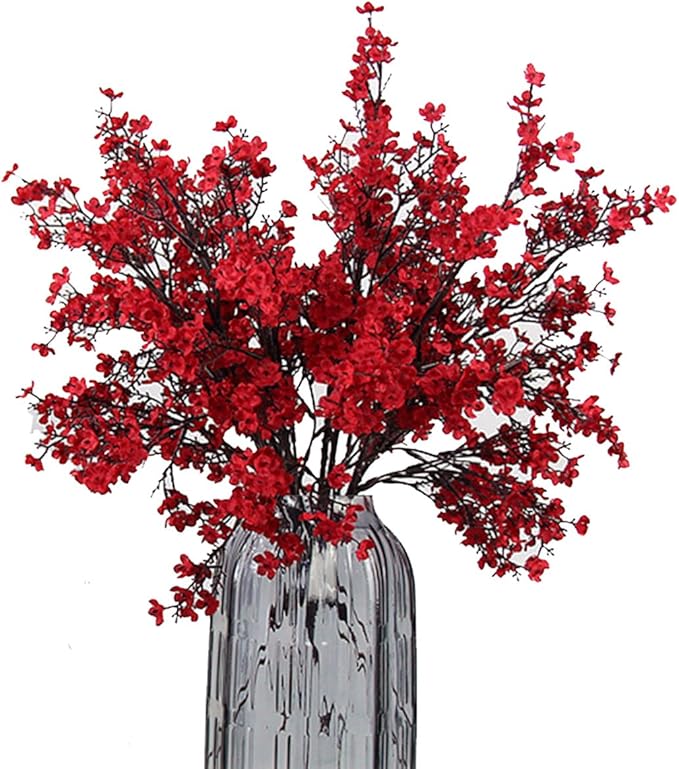 JAKY-Global Babys Breath Fabric Cloth Artificial Flowers 6 Bundle European Fake Silk Plants Decor Wedding Party Decoration Bouquets Real Touch DIY Home Garden(Red)
