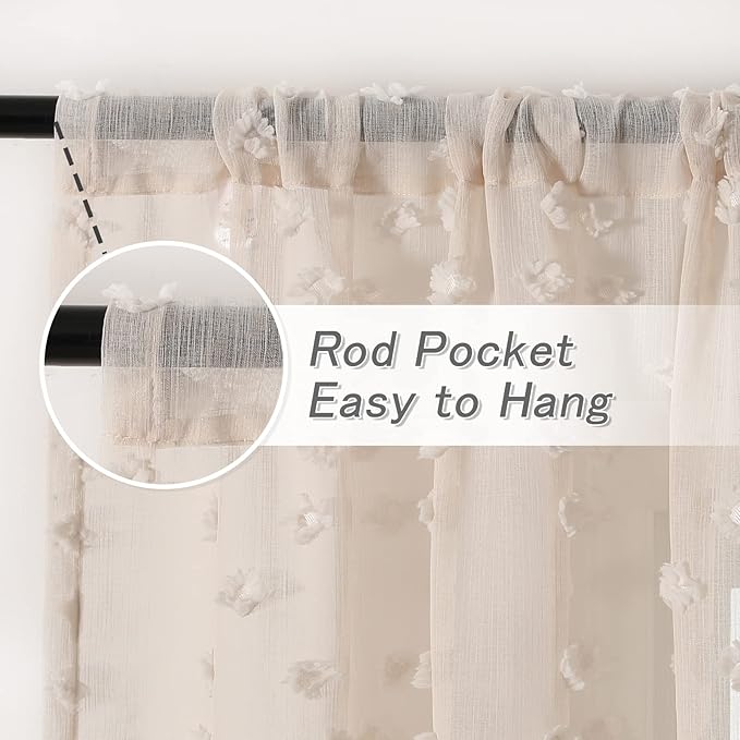 MYSKY HOME Pom Pom Beige Sheer Curtains for Bedroom Girls Room Curtains 63 inch Length for Nursery Kids Light Filtering Boho Window Drapes, Rod Pocket, 52" Wide, 2 Panels