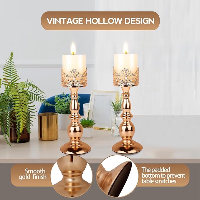 Candle Holders for Pillar Candles Gothic Matte Black Vintage Tall Candle Holders Set of 2 Decorative Large Table Centerpieces Candle Stand Decor (Gold 2PCS A)