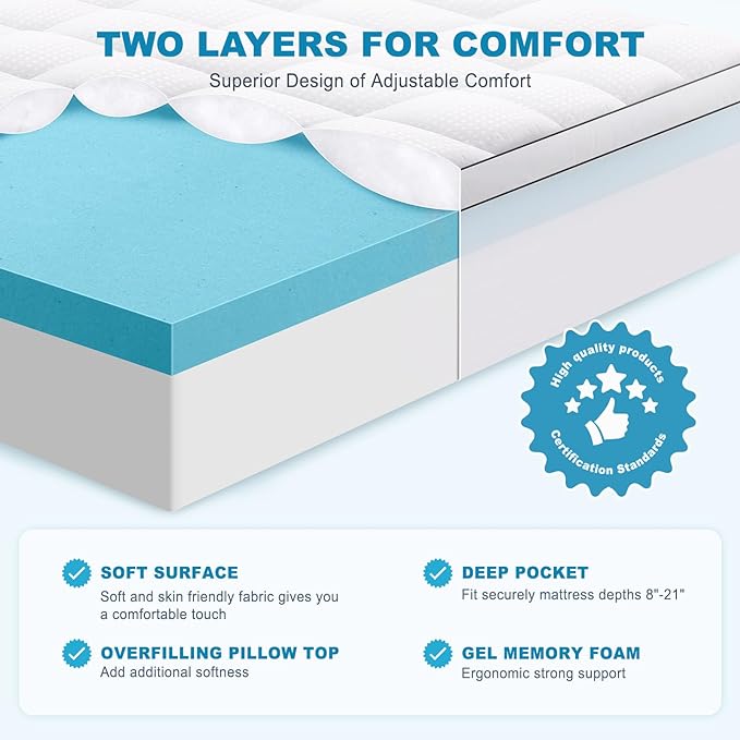 MASVIS California King Size Dual Layer 4 Inch Memory Foam Mattress Topper, 2 Inch Gel Memory Foam and 2 Inch Cooling Pillow Top Mattress Pad Cover for Back Pain, Medium Support
