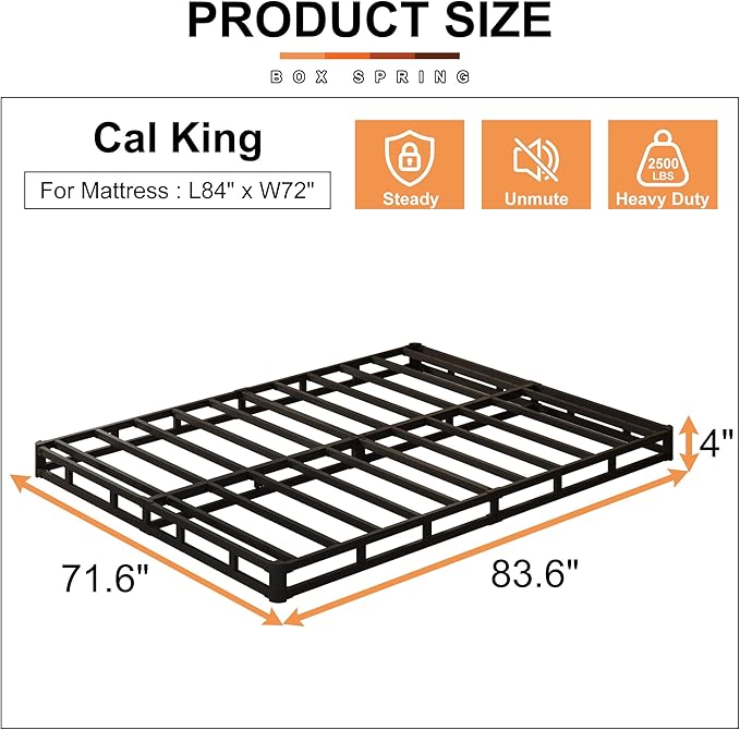 EMODA 4 Inch California King Box Spring Bed Base, 3000 LBS Heavy Duty Metal Mattress Foundation with Fabric Cover, Easy Assembly