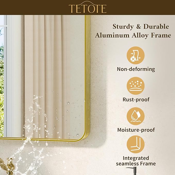 TETOTE 48 x 36 Inch Gold Mirrors Brushed Gold Metal Framed Bathroom Mirror, Tempered Glass, Modern Farmhouse Wall Mounted Mirror for Decorative(Horizontal/Vertical)
