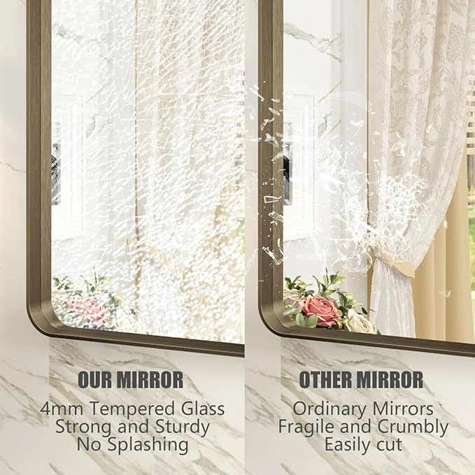 24x36 Bronze Bathroom Mirror, Brushed Metal Bathroom Vanity Mirrors for Wall, Modern Rounded Corner Rectangle Mirror for Farmhouse, Bedroom, Anti-Rust (Horizontal/Vertical)