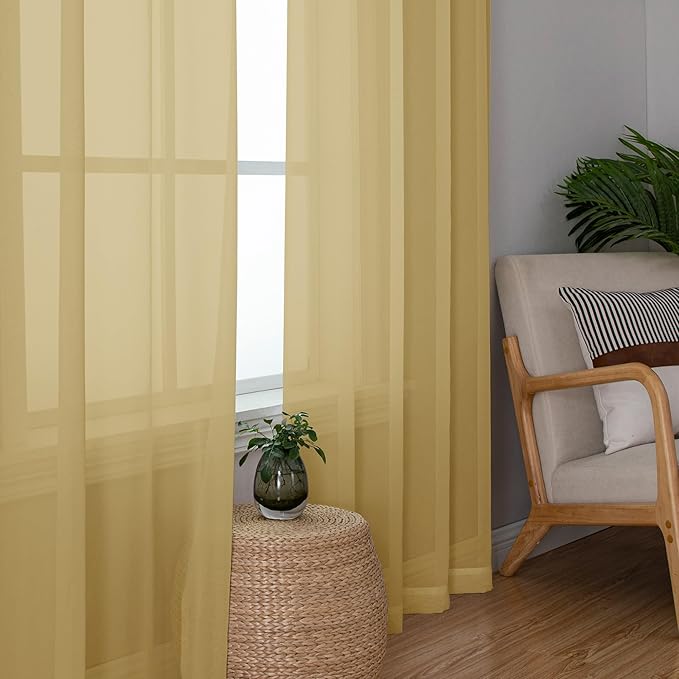 Chyhomenyc Sheer Gold Curtains 90 inches Long 2 Panels, Light Filtering Soft Airy Solid Elegant Voile Window Treatment Drapes for Bedroom Living Room Wedding Party Decor, 42 Wx90 L Inches