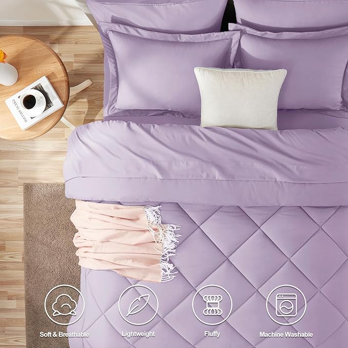 CozyLux Queen Comforter Set Light Purple - Bed in a Bag Queen Size 7 Pieces, Luxury Soft Lavender Bed Set for All Seasons, Bedding Set with Down Alternative Comforter, Sheets, Pillowcases & Shams