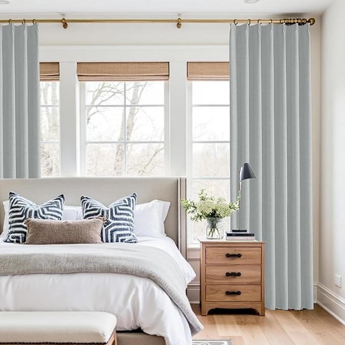 KangBang Pinch Pleat 90 Inch Blackout Curtains for Bedroom, Linen Woven Textured Pleated Drapes 2 Panels Set for Living Room Office, Sun Blocking Neutral Window Treatments,42x90 Inch, Fog Grey