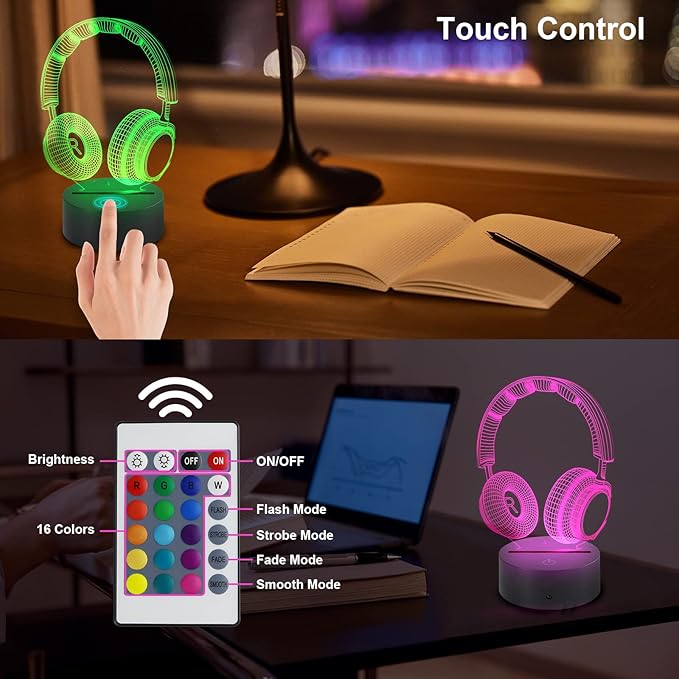 AZIMOM Headphone Headset 3D Illusion Lamp 16Color Night Light,Smart Touch Sensor & Remote Control Bedside Lamps Home Decoration Kids Boys Girls Women Birthday Gifts