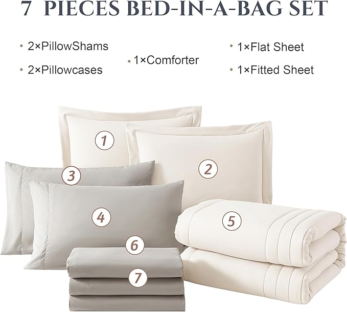 Monbix Queen Comforter Set - 7 Pieces Snow White Bed in a Bag Queen Bedding Sets with Comforters, All Seasons Down Alternative Comforter Bed Set with Sheets,Pillowcases & Shams