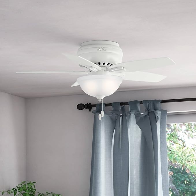 Hunter 42 inch Indoor Ceiling Fan with LED Light - White Ceiling Fan with Pull Chain, For Bedroom or Living Room, Low Profile Mount, No Remote, 5 Blades, Includes Bulbs - Newsome 51080, Fresh White