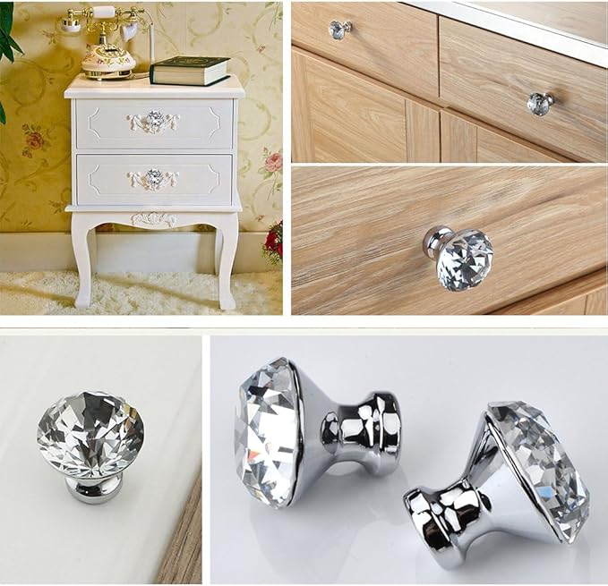 30mm Kitchen Cabinet Knobs Drawer Pull Handle Hardware, Crystal Clear Glass Round Diamond Shape Dresser Closet Bi-fold Door Bathroom Cupboard Desk Nightstand Furniture Decorative Drawer Knobs （12PCS）