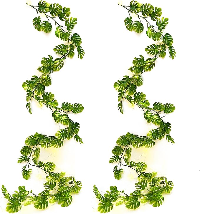 RECUTMS Artificial Monstera Leaf Vines Whit Light 2Pcs, 5.9FT Fake Hanging Ivy Plant Faux Tropical Palm Leaves Greenery Vine Garland Indoor Outdoor Garden Porch Patio Jungle Luau Birthday Party Décor