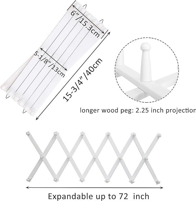 WEBI Accordion Wall Hanger,Expandable Wooden Hat Rack for Wall Mounted Coat Rack,Accordion Hat Hooks Holder for Baseball Caps,17 Peg Hooks,White