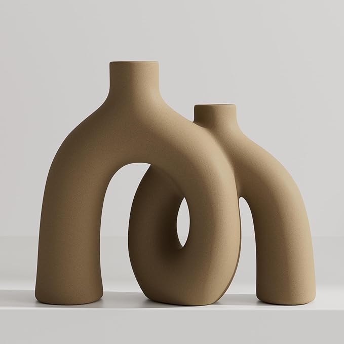 Hug Donut Decorative Vase Set - Tan Modern Rustic Farmhouse Style Vases Home Decor,Matte Ceramic Decorations for Living Room Shelf, Bookshelf Mantle Entryway Table Centerpiece or Console Décor(Brown)