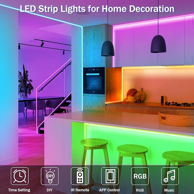 KEELIXIN 130ft Led Lights,Long Led Lights for Bedroom,5050 RGB LED Strip Lights with Remote & Bluetooth App Control Sync with Music,Luces Led para Cuarto,LED Light Strip for Room,2 Rolls of 65ft