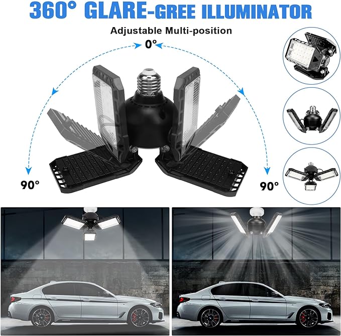 LED Garage Lights - 1 Pack, 80W, 8000LM 6500K Shop Light with 3 Deformable Panels, Basement Barn Light, E26/E27 for Shop, Warehouse, Basement