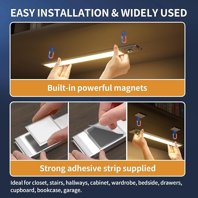 Under Cabinet Lights,88 LED Operated Motion Sensor Light Indoor,2200mAh USB Rechargeable Closet Lights, 2 Pack Magnetic Dimmable Closet Lights，Wireless Under Counter Lights for Kitchen, Stairs