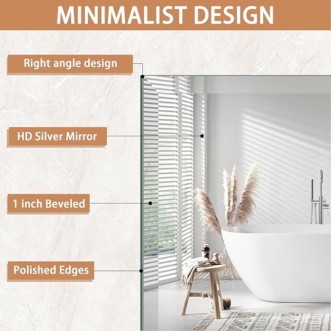 Frameless Mirror for Bathroom Vanity,18x24in Wall Mounted Mirrors for Over Sink Decorative Rectangular Frameless Mirror,With Polished Edge,Hangs Horizontally Or Vertically,Entryways,Room,Shatterproof