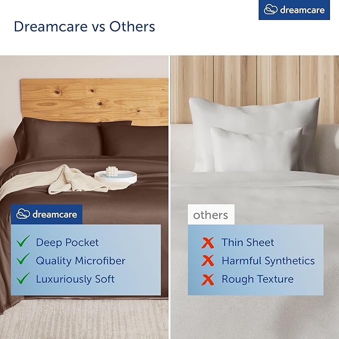 DREAMCARE Queen Size Sheets - Cooling Bed Sheets - 4pcs Set - up to 15" Deep Pocket Queen Sheet Set - Sheets Queen Size Bed - Soft & Long Lasting 100% Fine Microfiber with Side Pocket - Mocha Brown